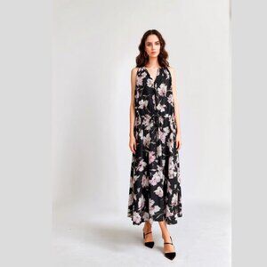 Well Worn Women's Size L Black Floral Sleeveless V-Neck Linen Blend Midi Dress